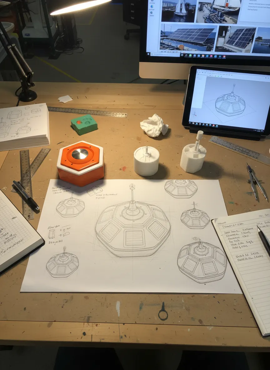 Banco di lavoro R&D Seainnova: prototipi delle boe stampati in 3D, disegni tecnici e modelli CAD