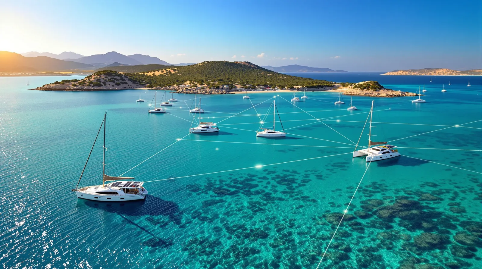 Baia turchese con imbarcazioni all'ancora connesse da una rete digitale: le boe luminose Seainnova portano i servizi in mare