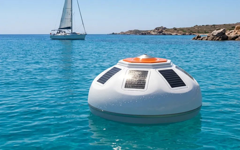Boa solare Seainnova per il monitoraggio marino in acque turchesi, con barca a vela e costa granitica sullo sfondo
