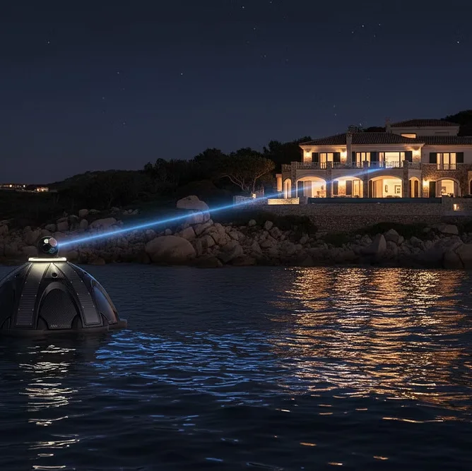 Watch Buoy di notte davanti a una villa costiera illuminata: la telecamera della boa sorveglia l'approdo privato